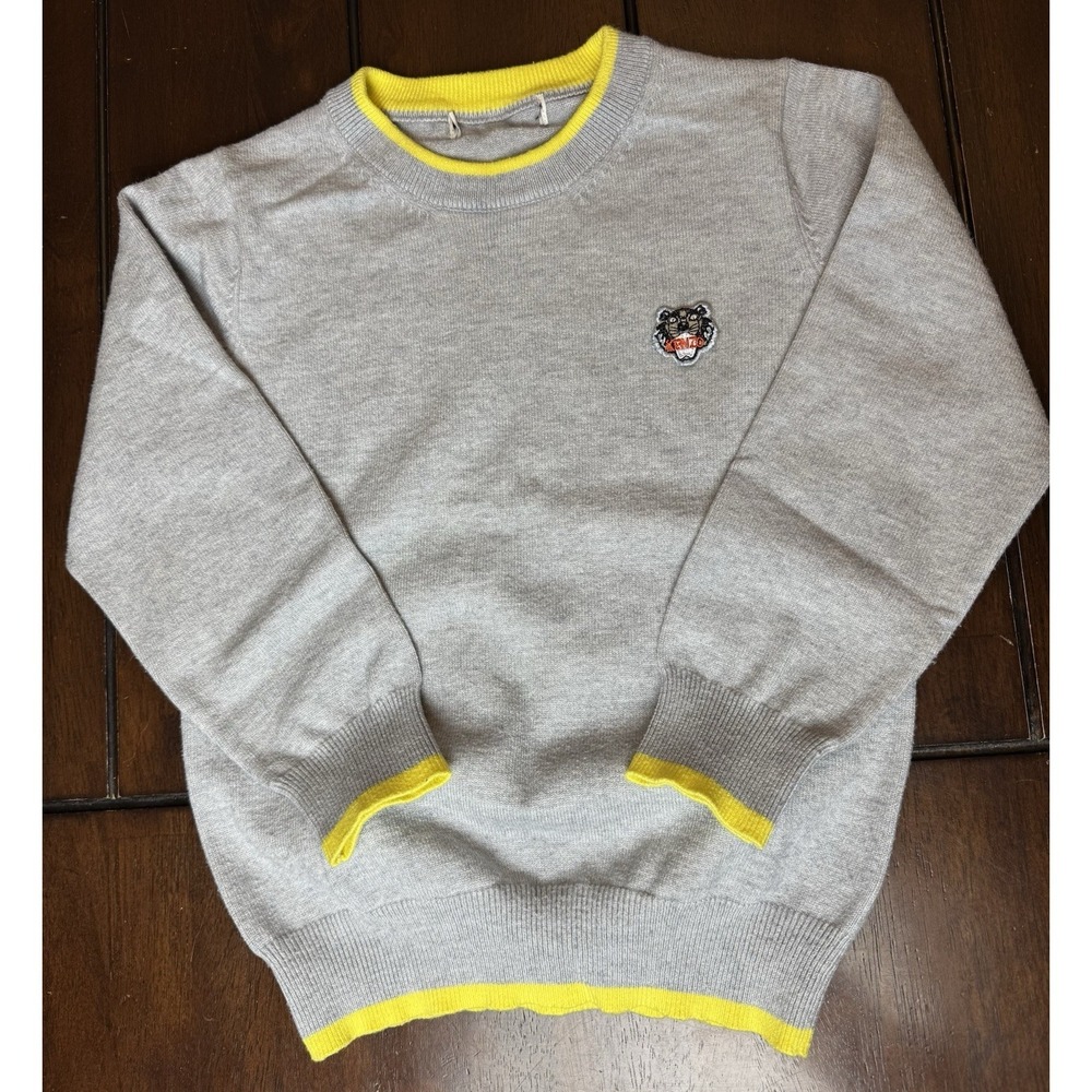 Kenzo Kids 100% Cashmere Sweater 4T Gray Tiger Logo Crewneck Designer Luxury
